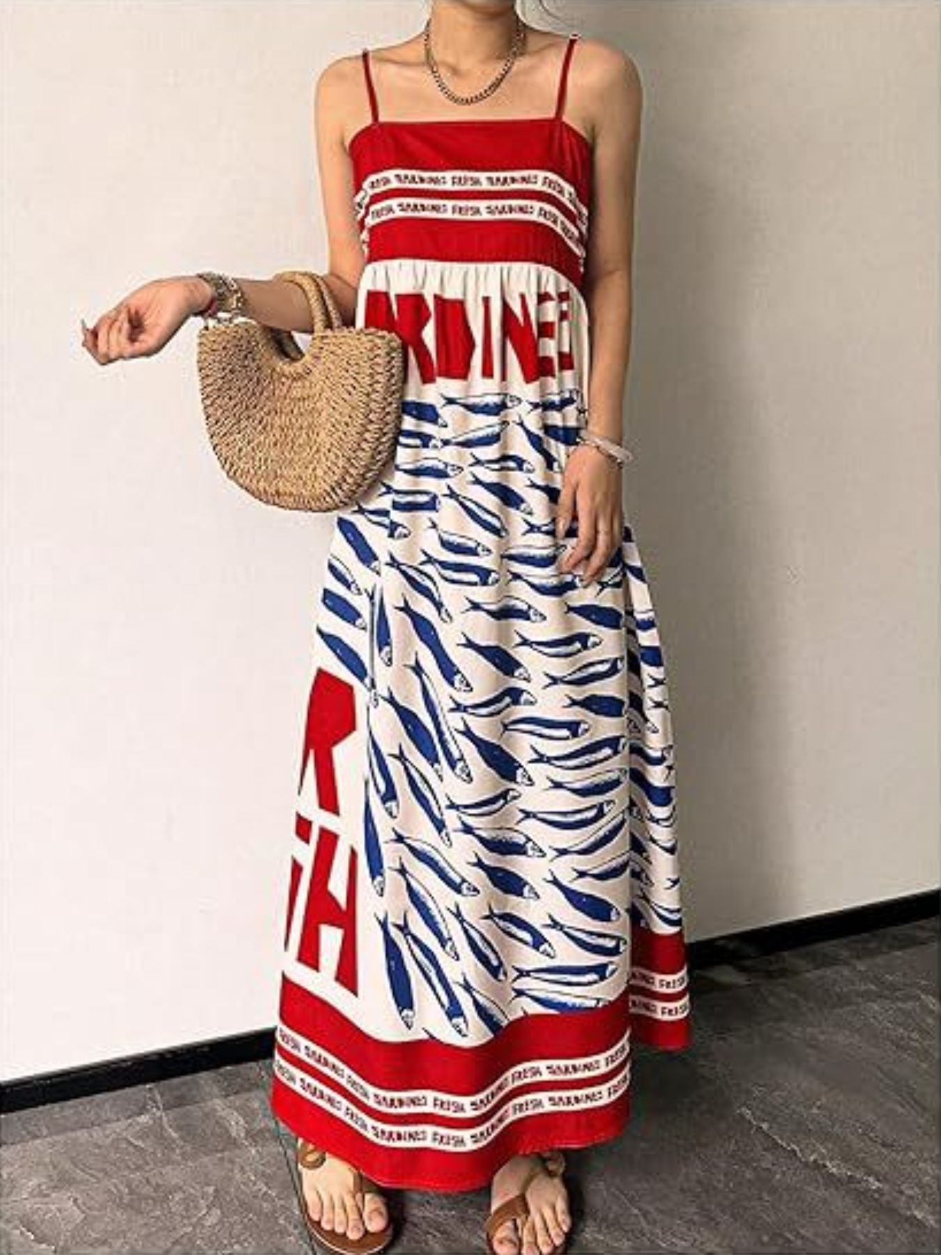 Sardine Print Maxi Dress for Women – Spaghetti Strap in Blue – Chaotic Fashion