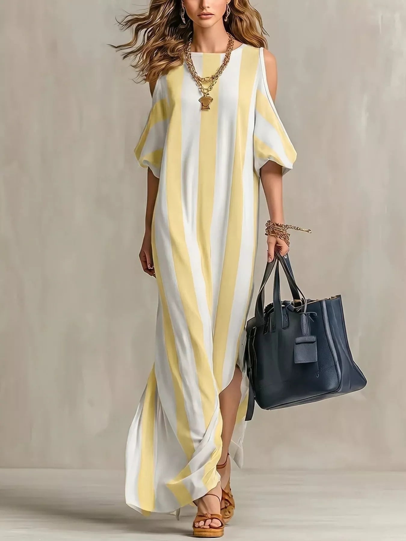 Women's maxi dress in striped, cold shoulder
