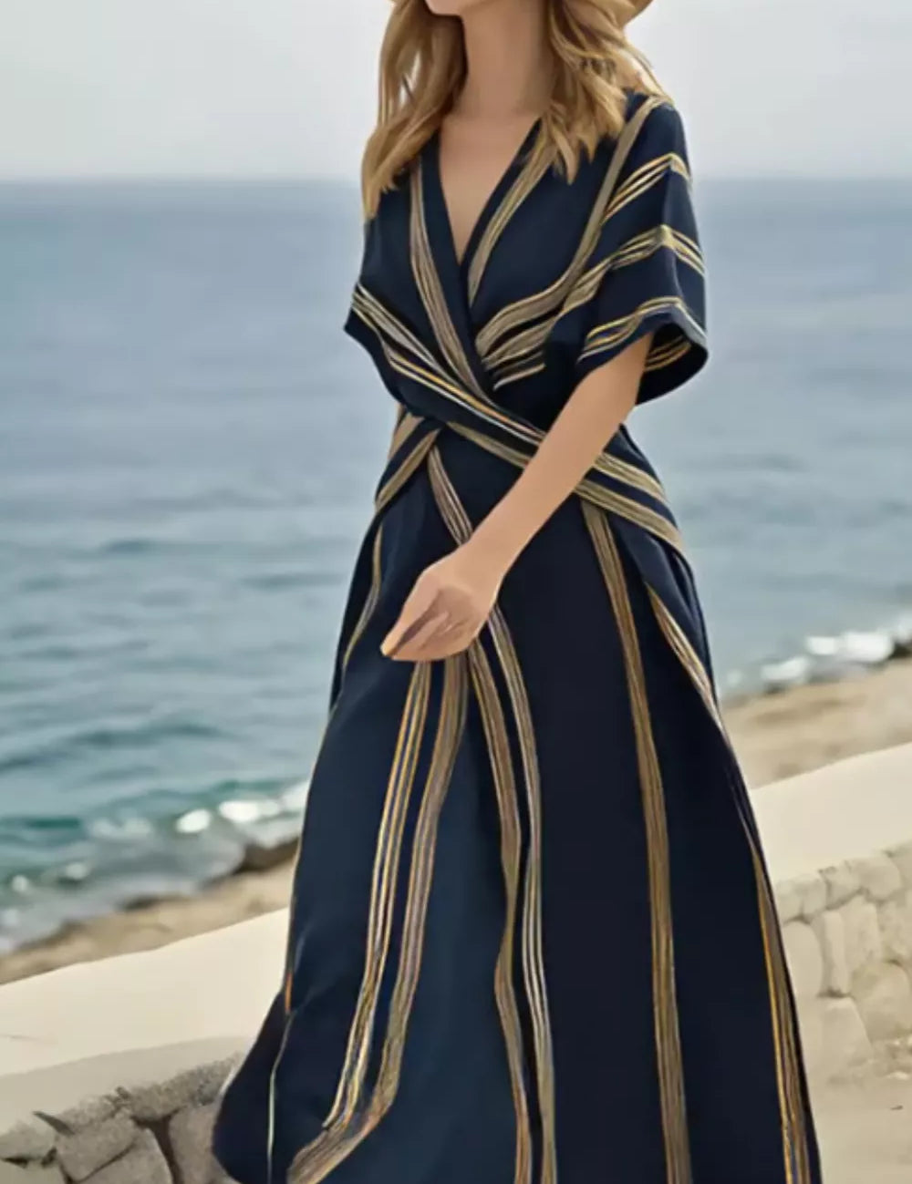 Womens Striped Maxi Dress – White Wrap Silhouette – Chaotic Fashion