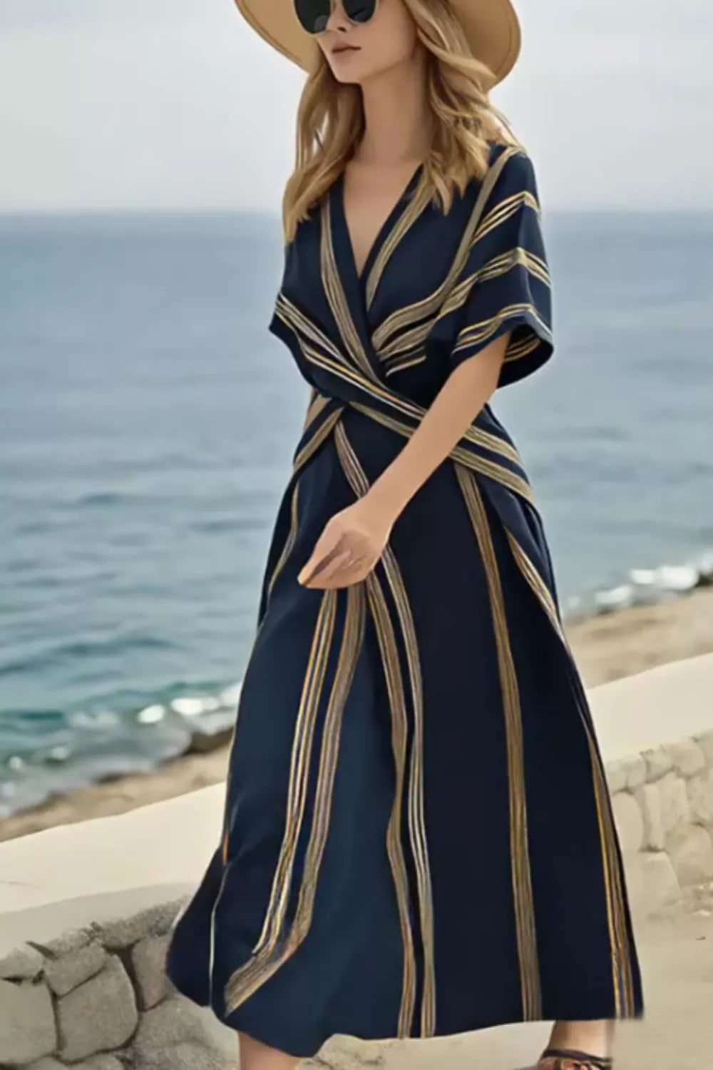 Womens Striped Maxi Dress – White Wrap Silhouette – Chaotic Fashion
