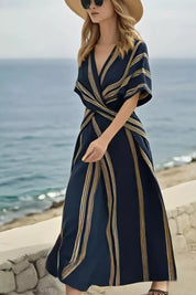 Womens Striped Maxi Dress – White Wrap Silhouette – Chaotic Fashion