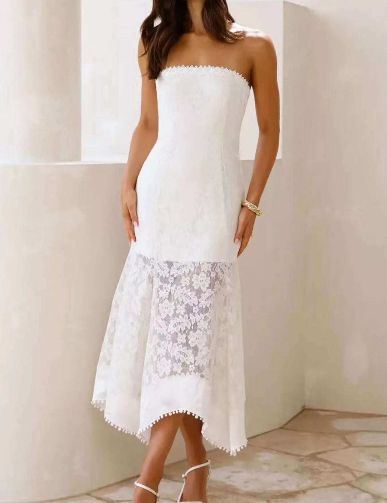 White Lace Midi Dress for Women – Strapless Elegant Style – Chaotic Fashion