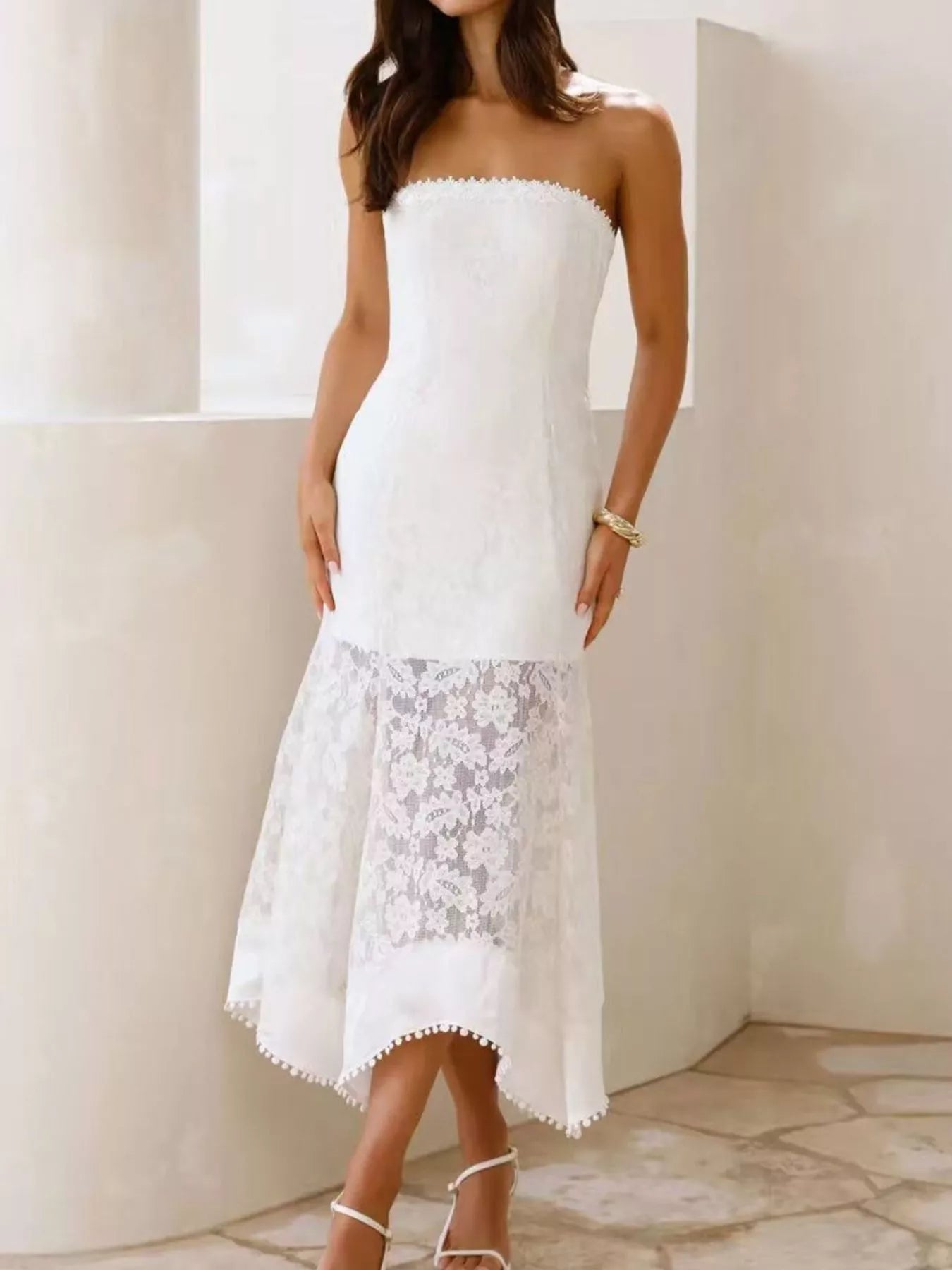 White Lace Midi Dress for Women – Strapless Elegant Style – Chaotic Fashion