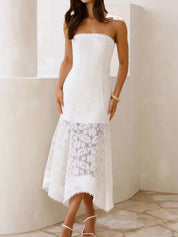 White Lace Midi Dress for Women – Strapless Elegant Style – Chaotic Fashion