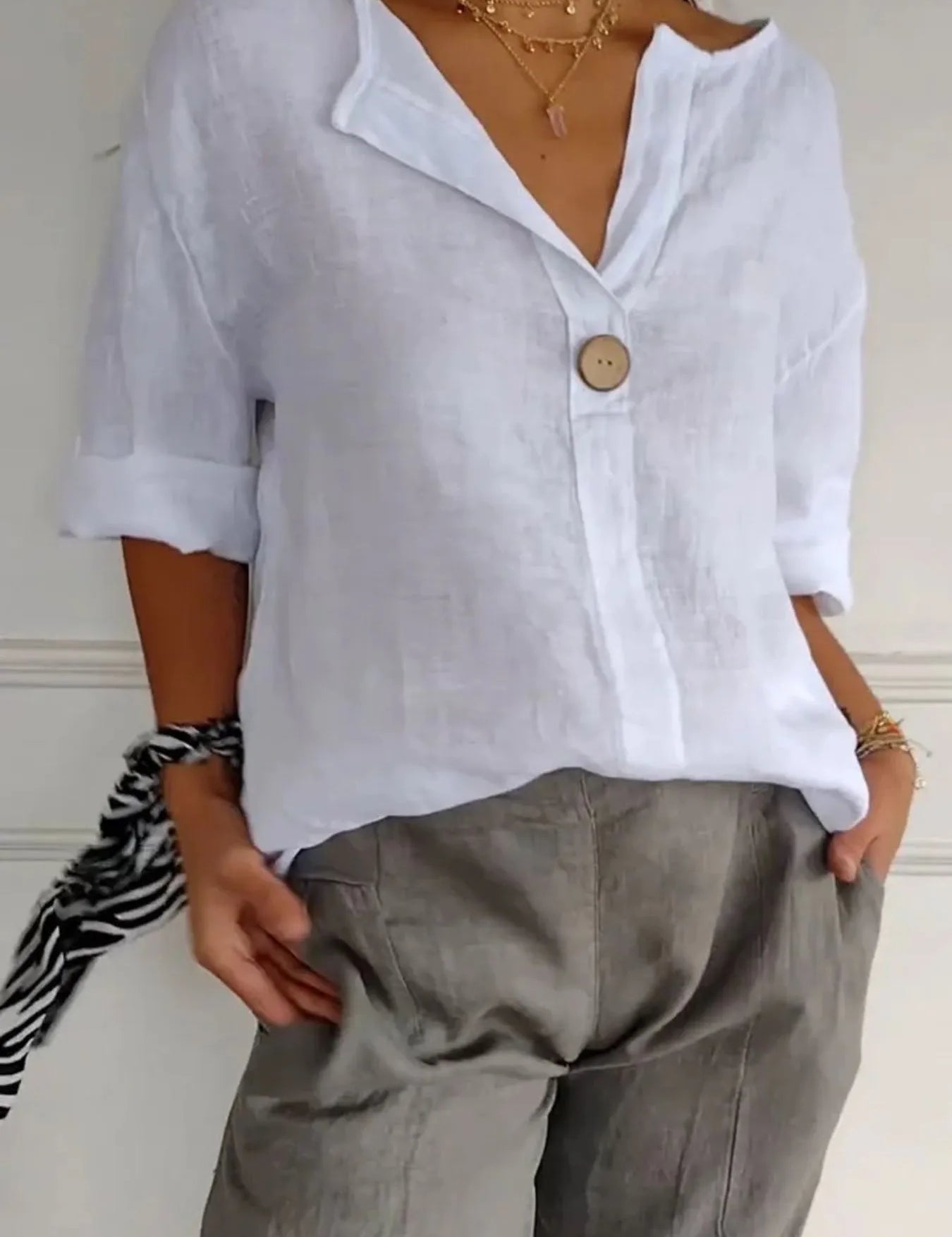 Womens Notched Blouse – Navy Blue Breezy Fit – Chaotic Fashion