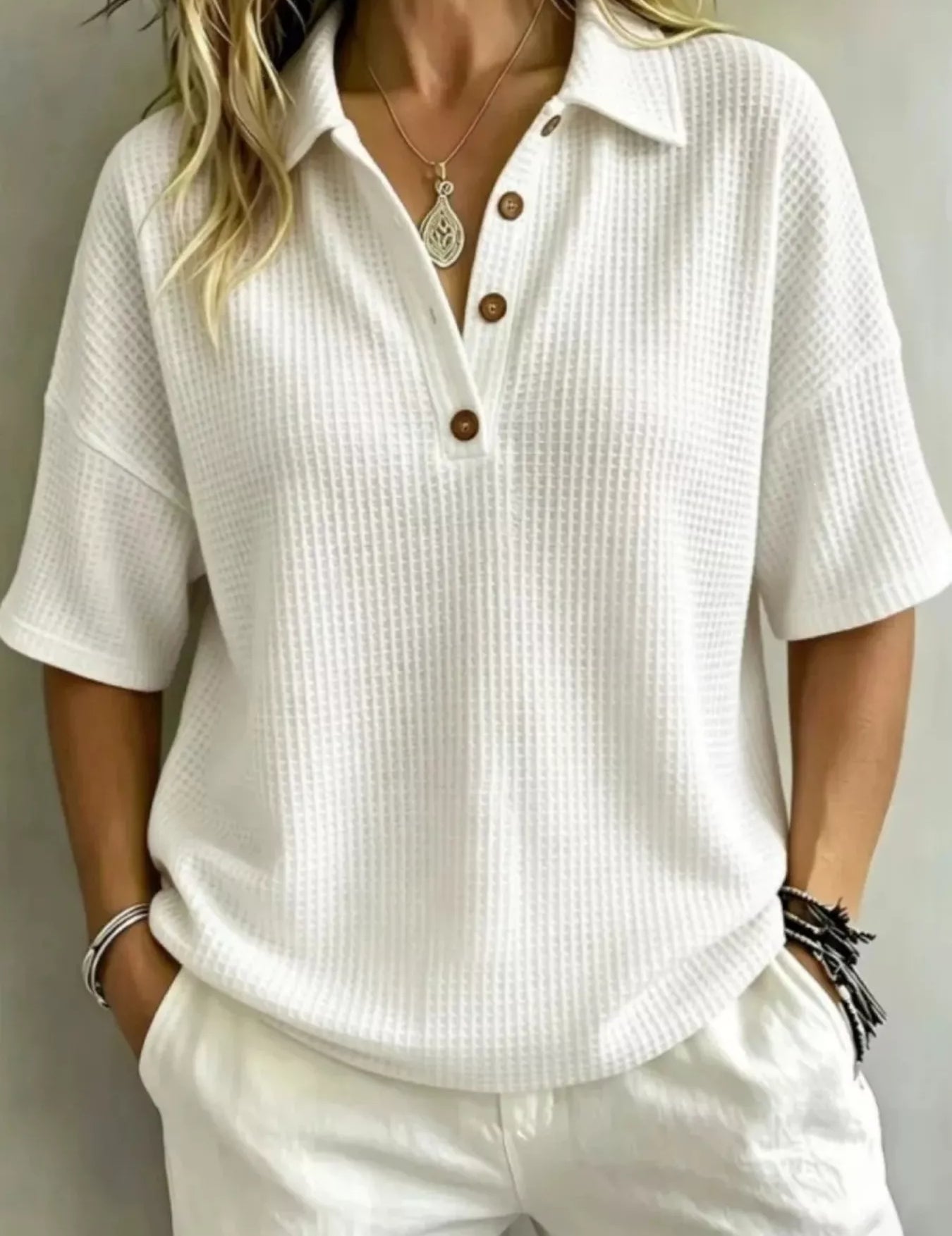 Women's Waffle Knit Polo Plus Size – Button Detail – Chaotic Fashion