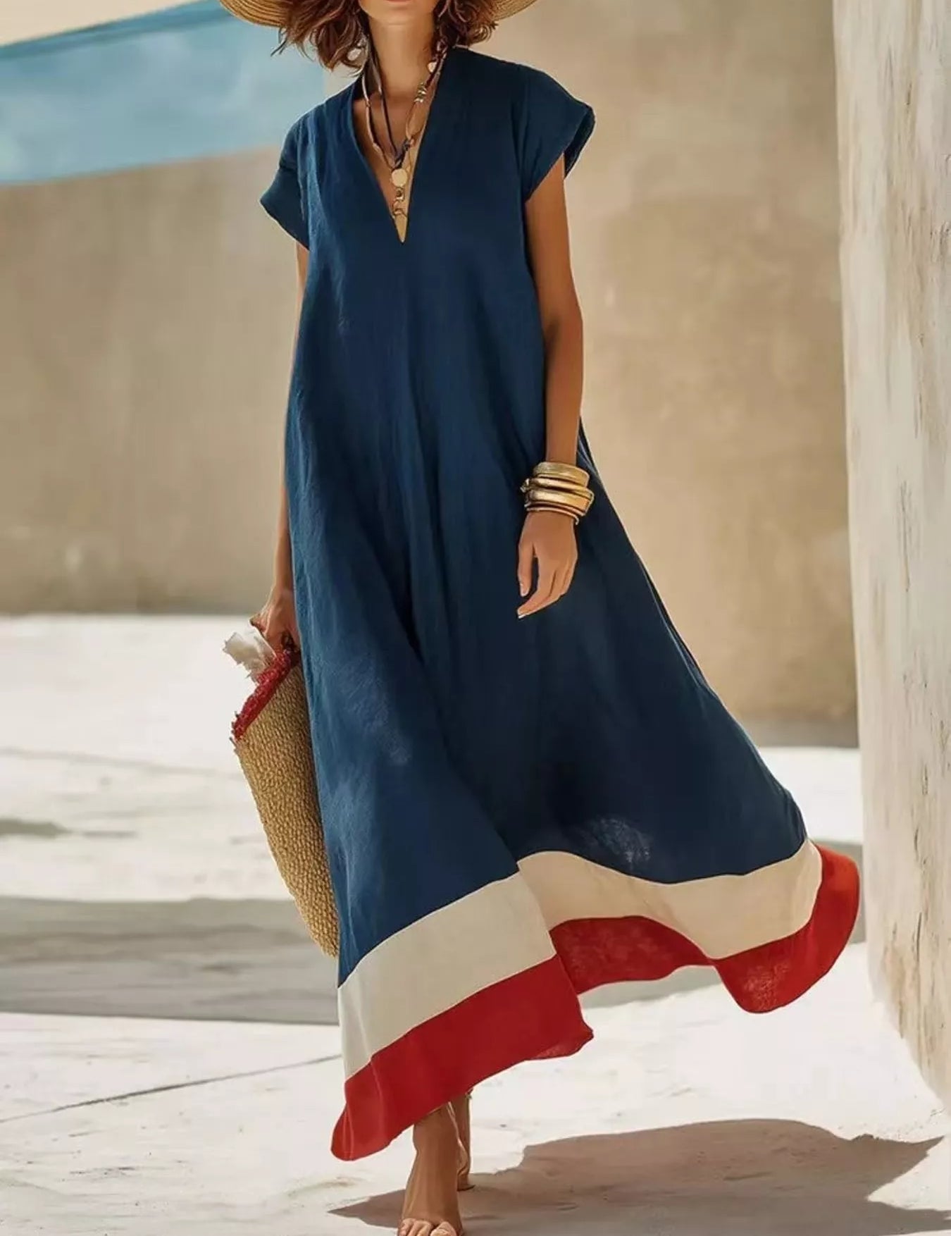 Women's maxi dress in colour block, v-neck
