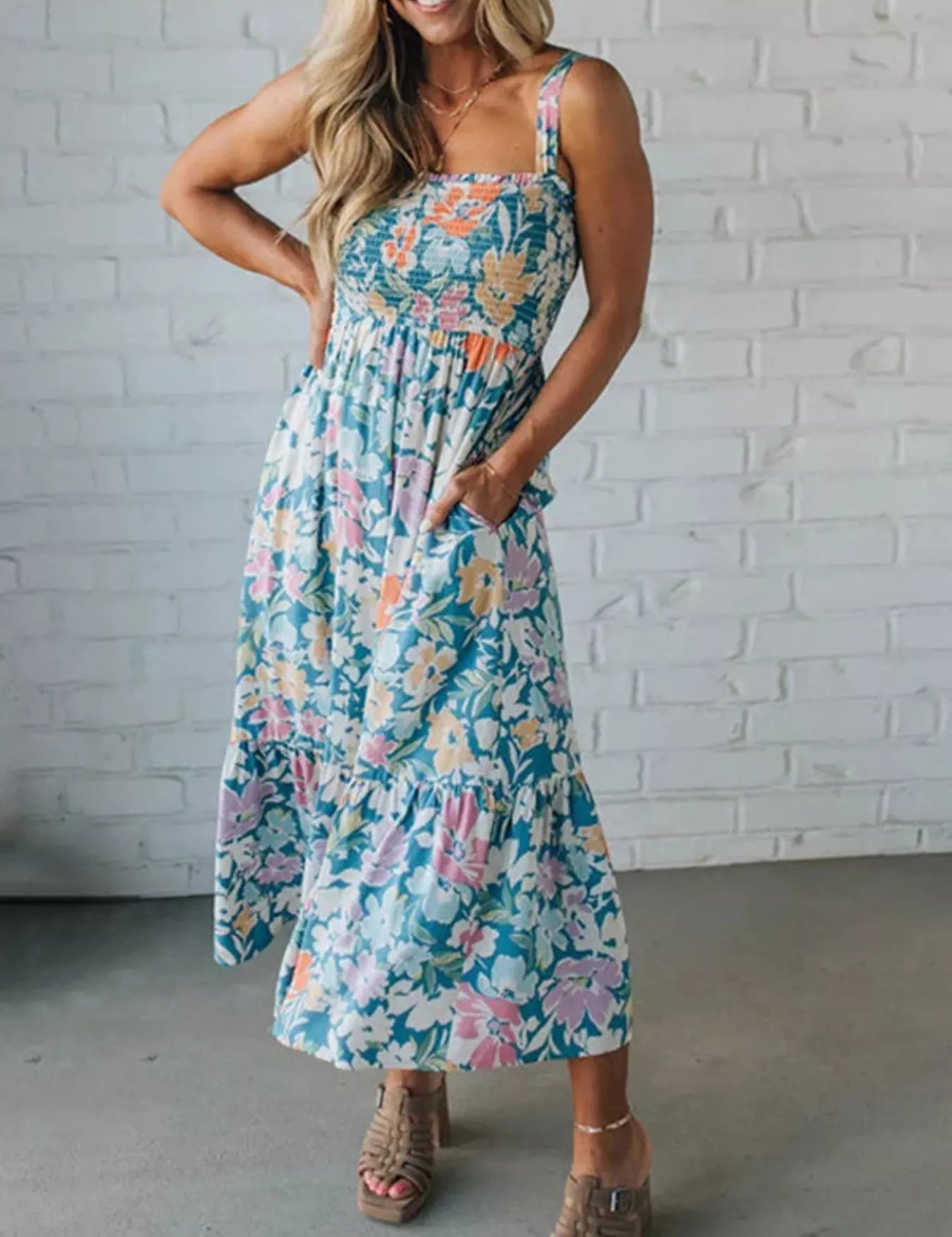 Women's midi dress in floral, square neck
