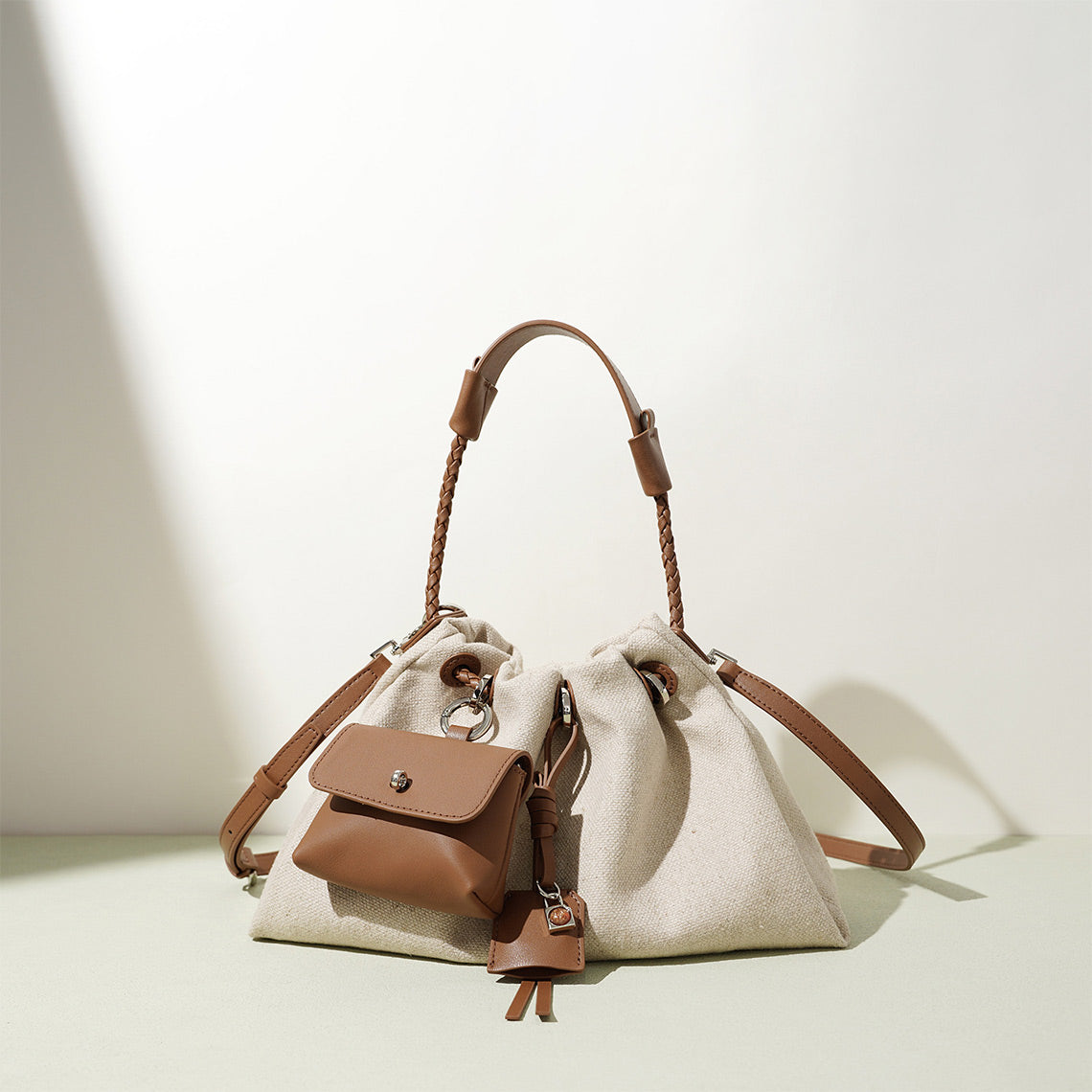 Canvas Leather Women Drawstring Bag