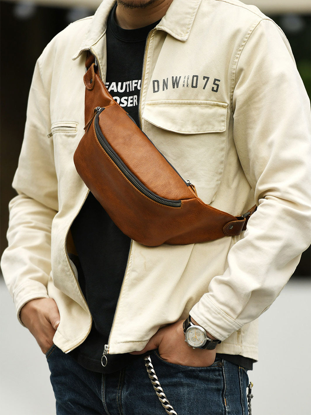 Vegetable Tanned Leather Men Fanny Pack Bag