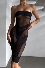 Sheer Mesh Midi Dress – Black Strapless with Alternating Panels – Chaotic Fashion
