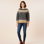 Women’s Geometric Cable Knit Sweater – Cream Polyester –  Round Neck Pullover for Fall & Winter