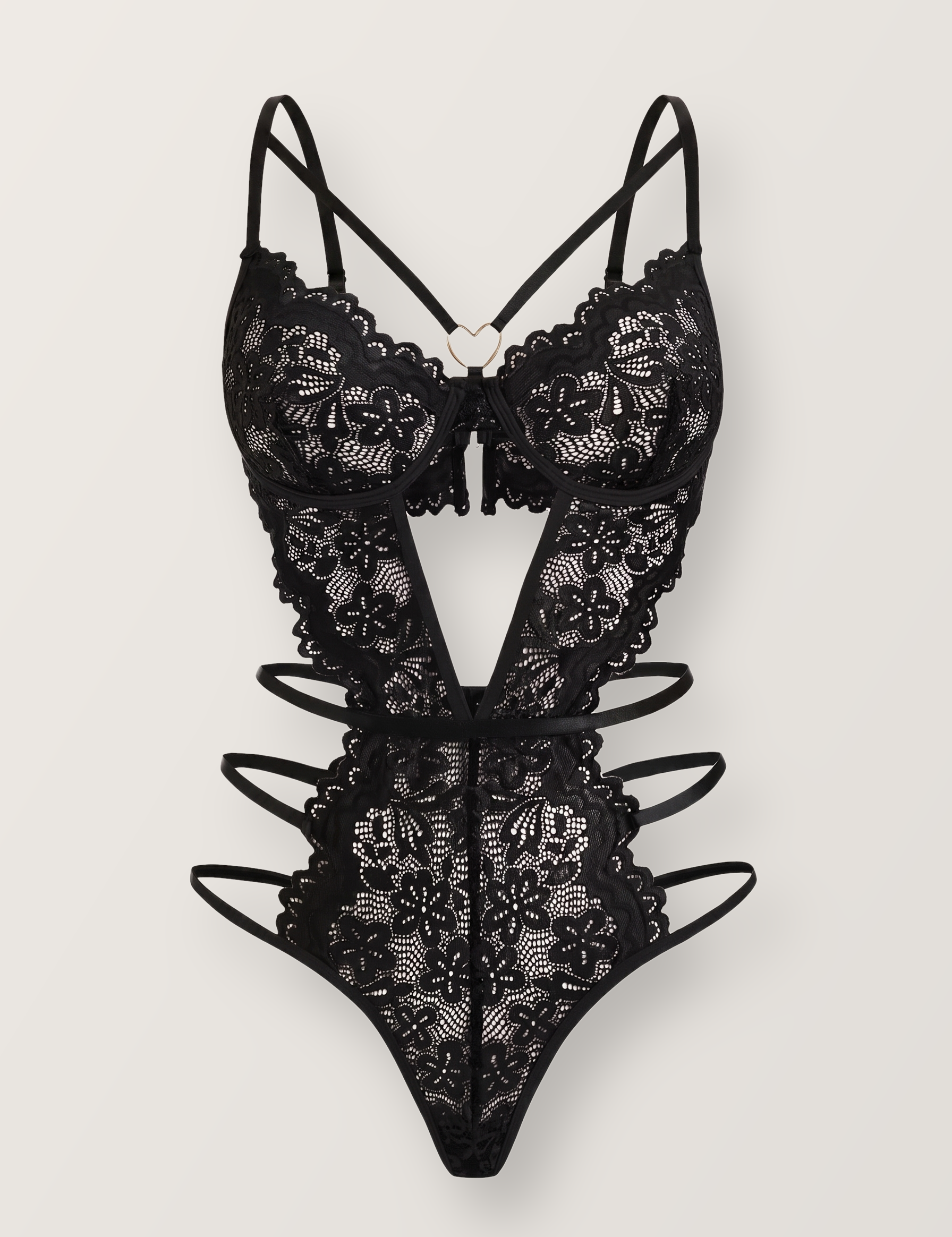 Black floral lace bodysuit shown on an invisible form, front view with gold heart ring and open cut-out waist