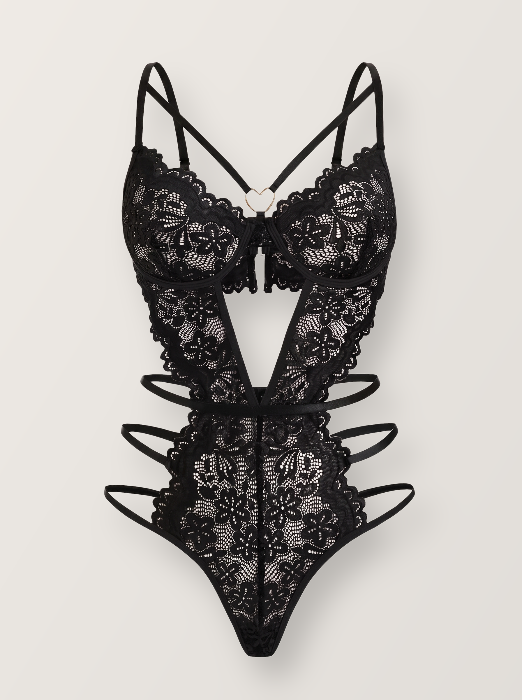 Black floral lace bodysuit shown on an invisible form, front view with gold heart ring and open cut-out waist