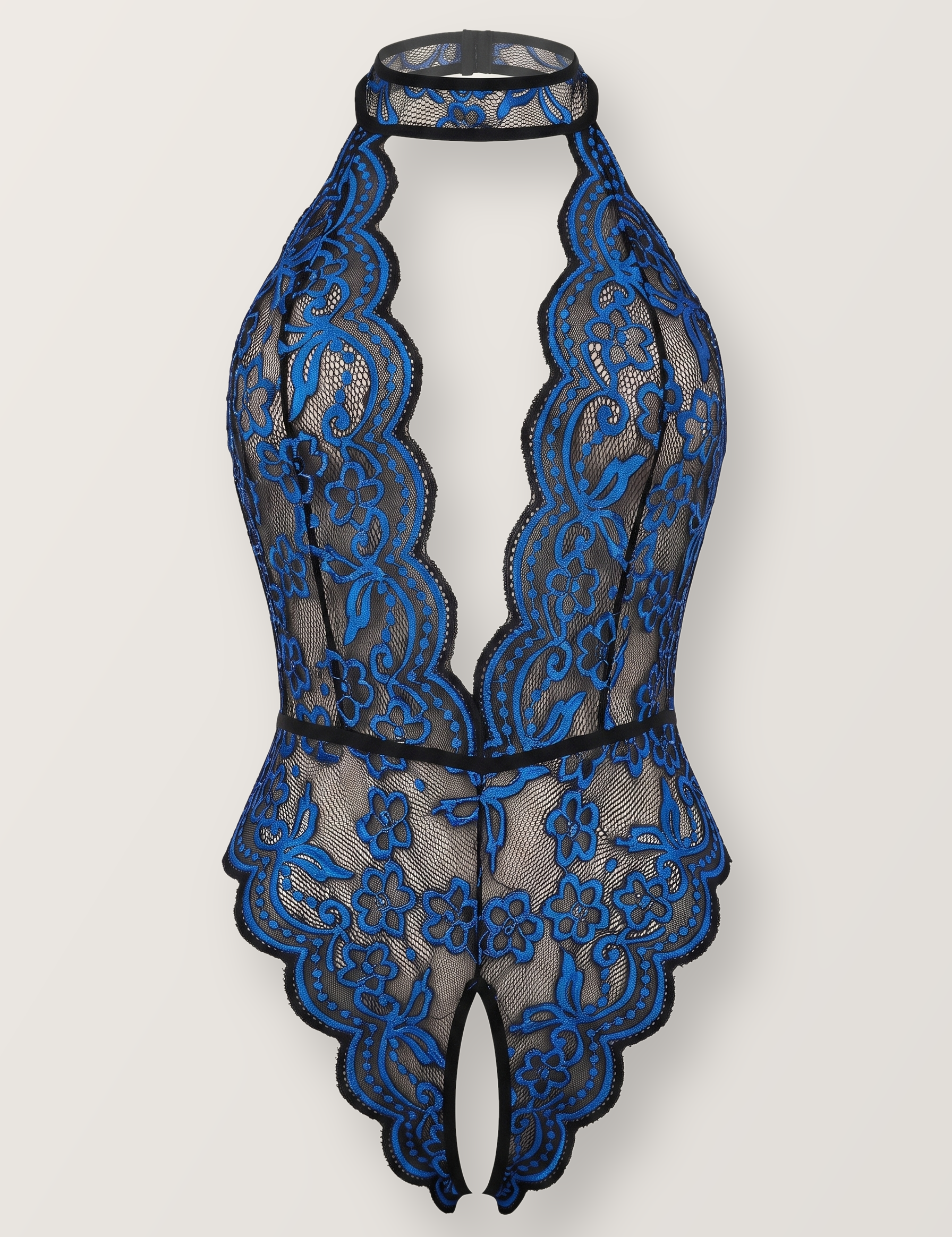 Crotchless halter lace teddy in blue shown on an invisible form, front view with collar band and deep plunge