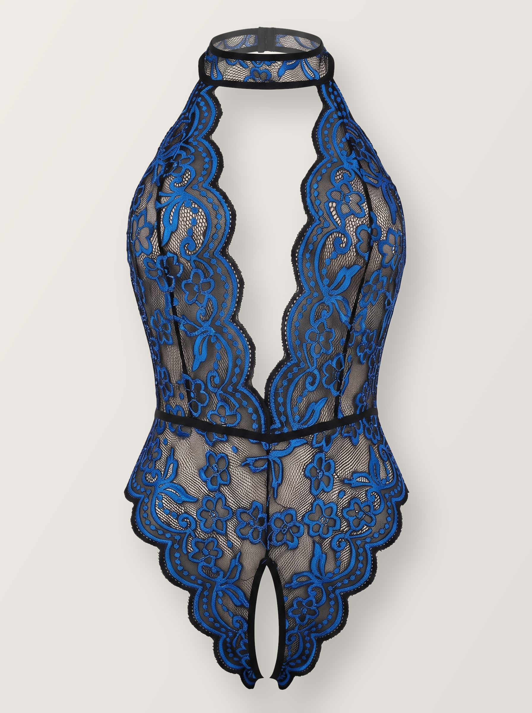 Crotchless halter lace teddy in blue shown on an invisible form, front view with collar band and deep plunge