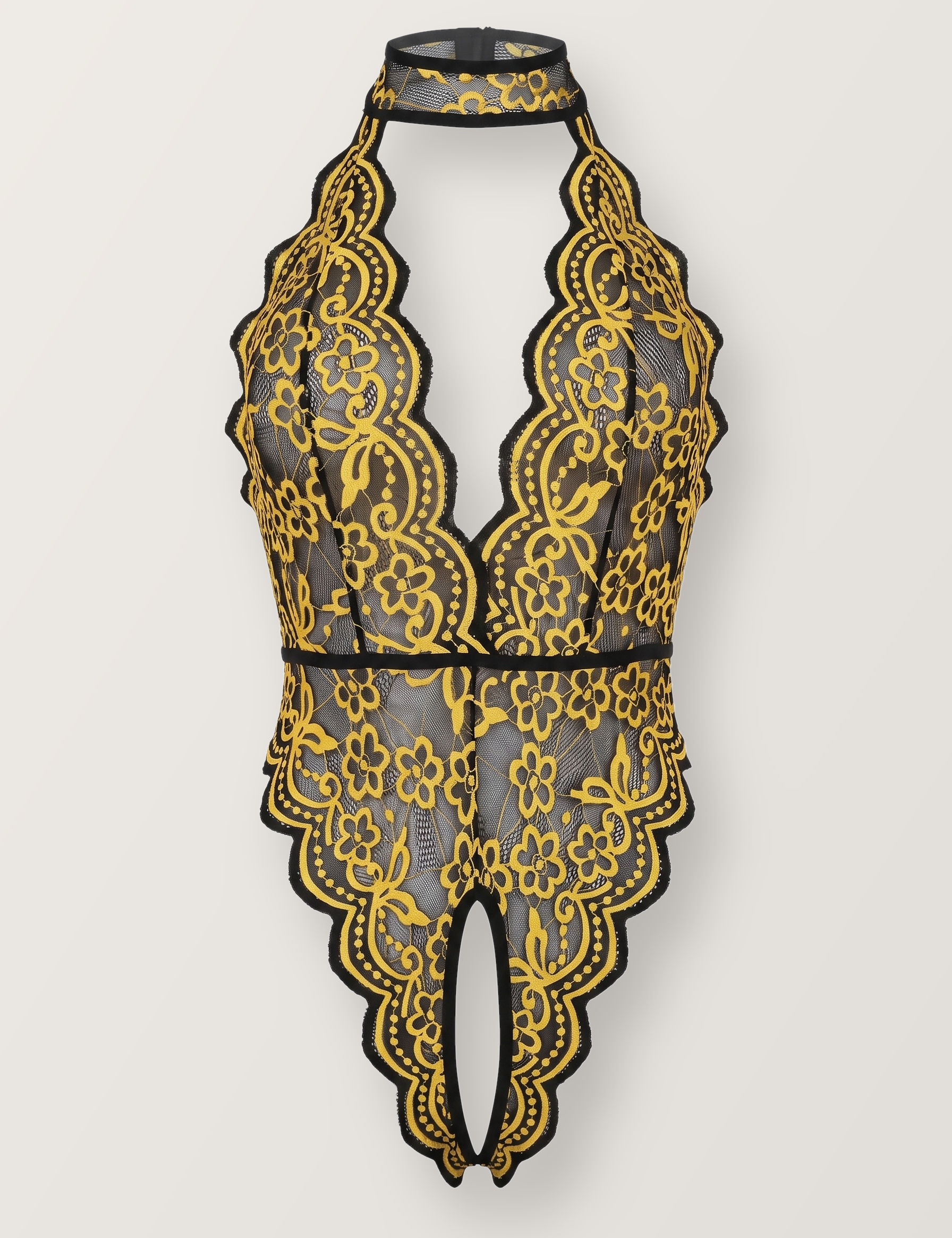 Crotchless halter lace teddy in gold shown on an invisible form, front view with collar band and deep plunge
