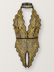 Crotchless halter lace teddy in gold shown on an invisible form, front view with collar band and deep plunge