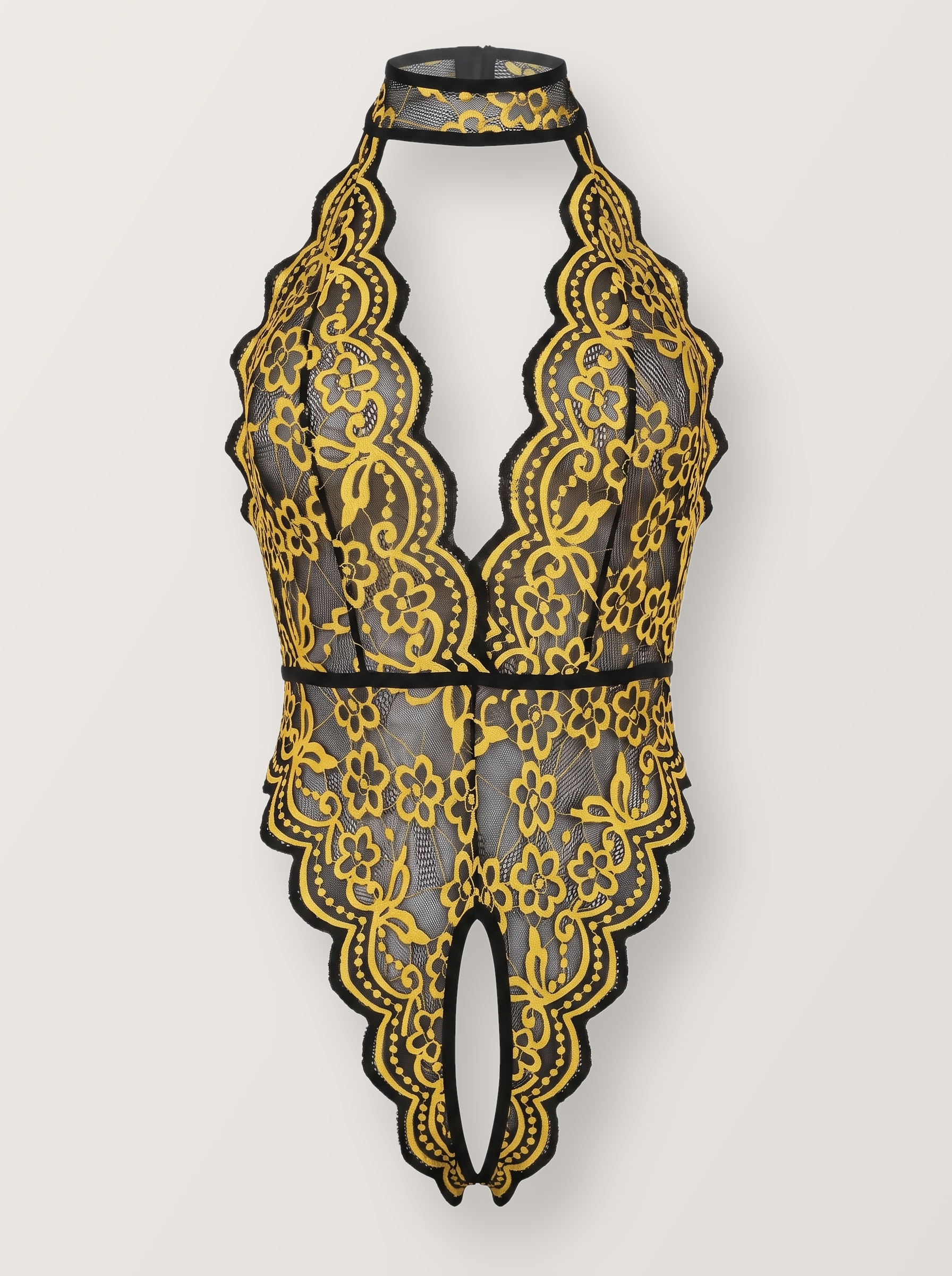 Crotchless halter lace teddy in gold shown on an invisible form, front view with collar band and deep plunge