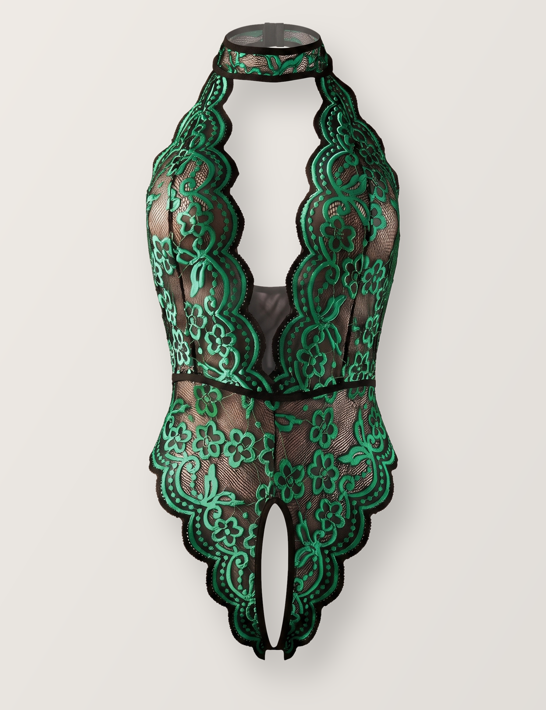 Crotchless halter lace teddy in dark green shown on an invisible form, front view with collar band and deep plunge