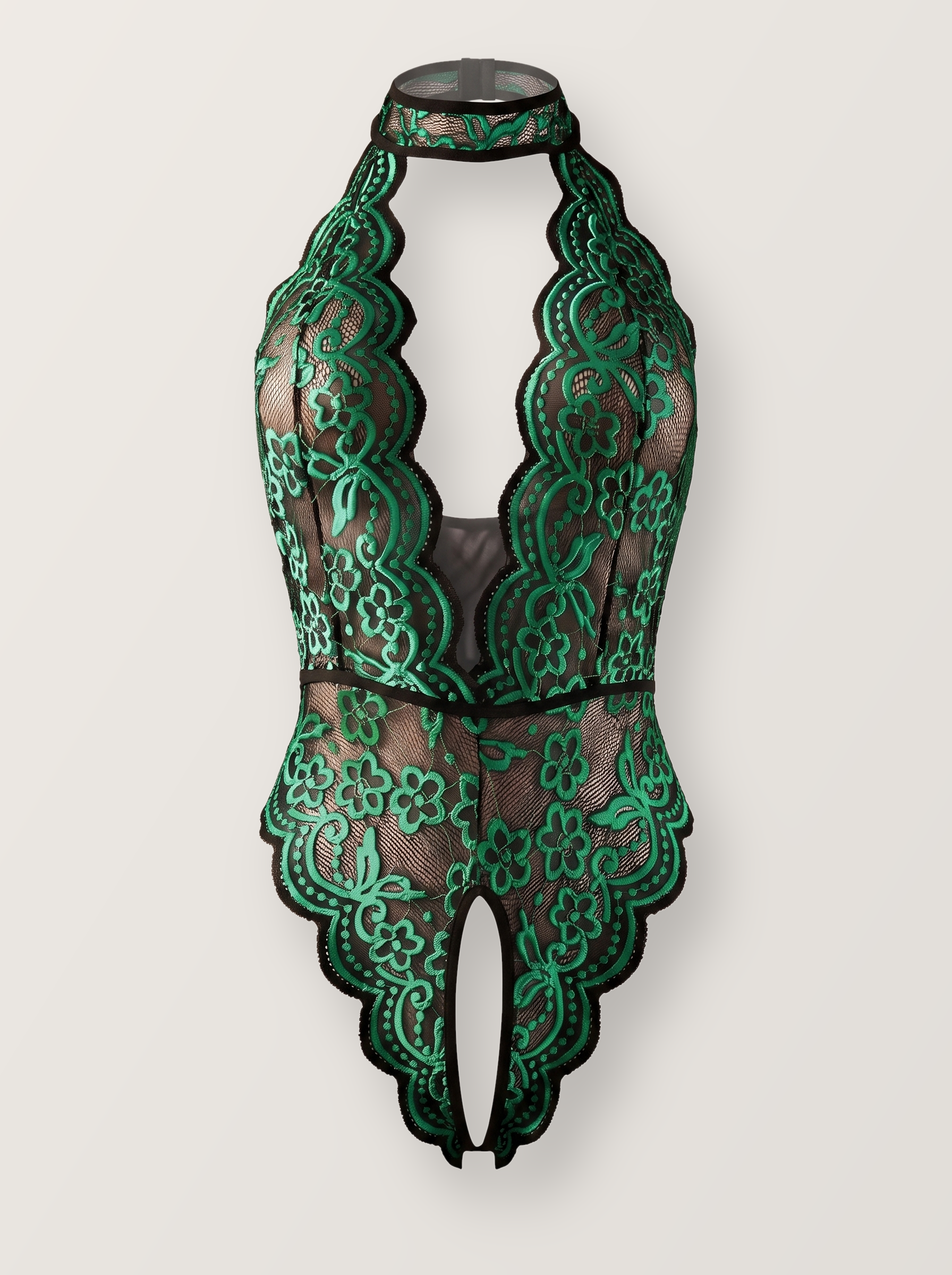 Crotchless halter lace teddy in dark green shown on an invisible form, front view with collar band and deep plunge