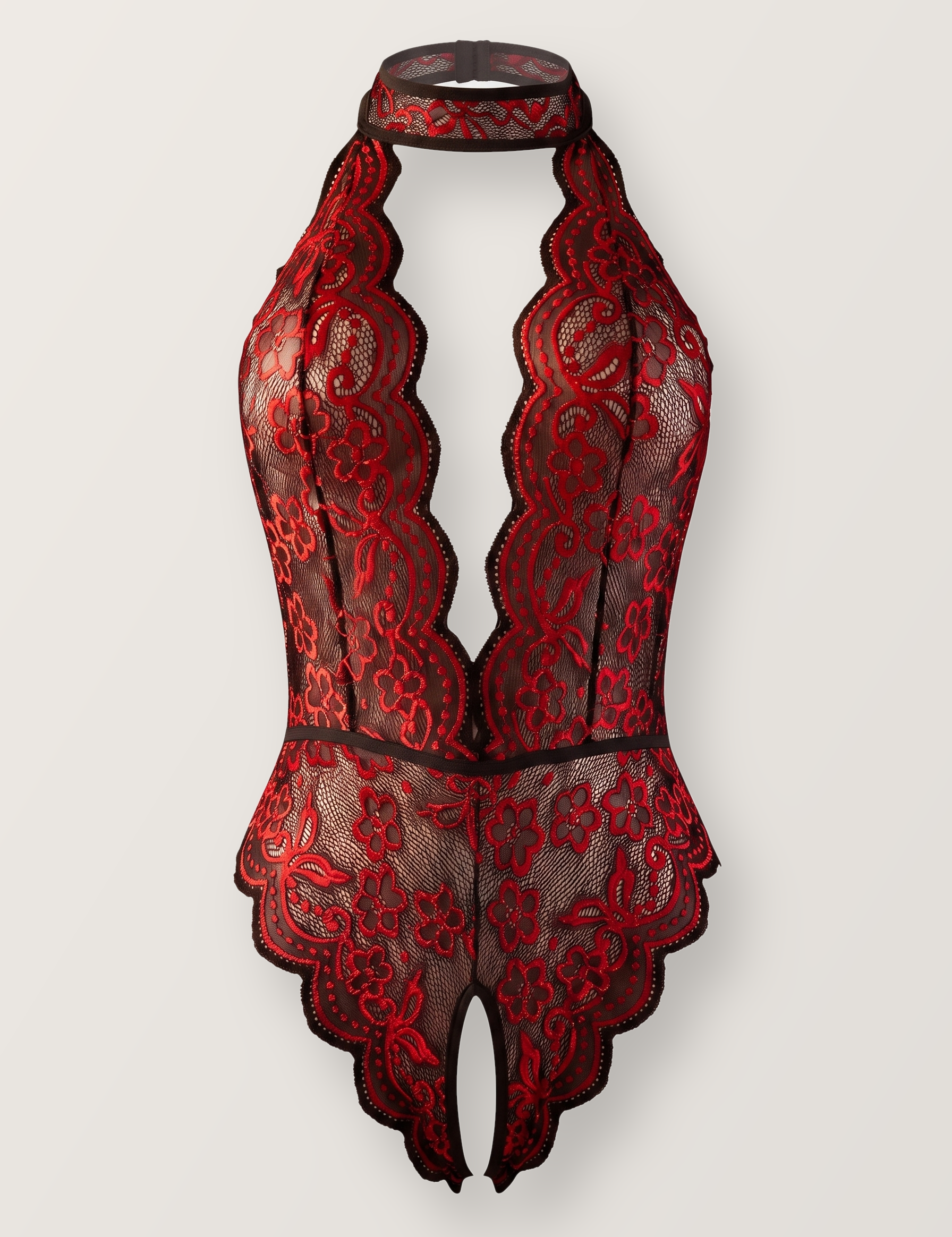 Crotchless halter lace teddy in red shown on an invisible form, front view with collar band and deep plunge