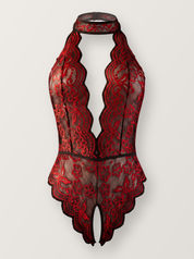 Crotchless halter lace teddy in red shown on an invisible form, front view with collar band and deep plunge
