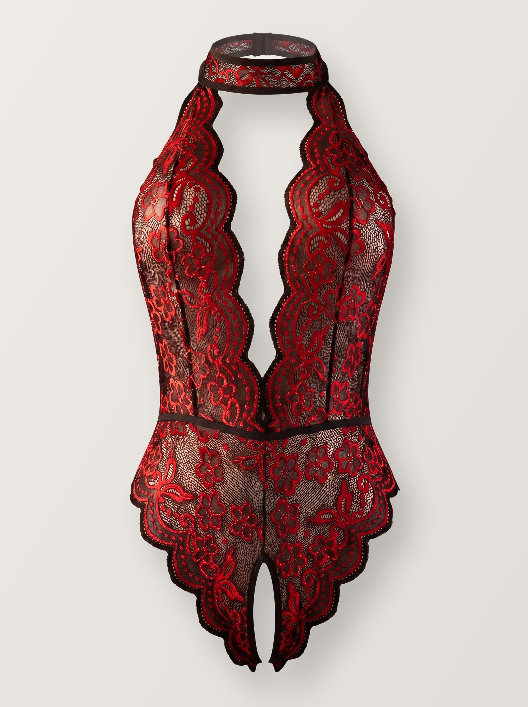 Crotchless halter lace teddy in red shown on an invisible form, front view with collar band and deep plunge
