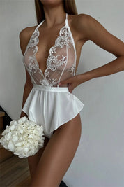 Bridal Charm Bodysuit – White Lace with Satin Detail – Chaotic Fashion