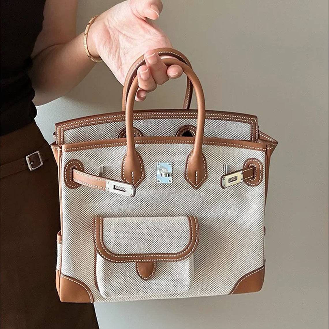 Canvas Leather Inspired Pocket Birk Handbag