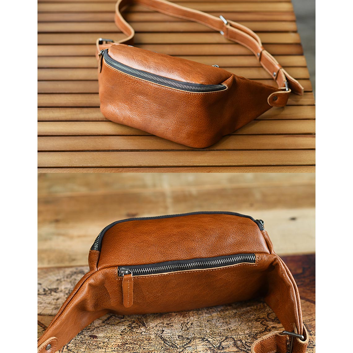 Vegetable Tanned Leather Men Fanny Pack Bag