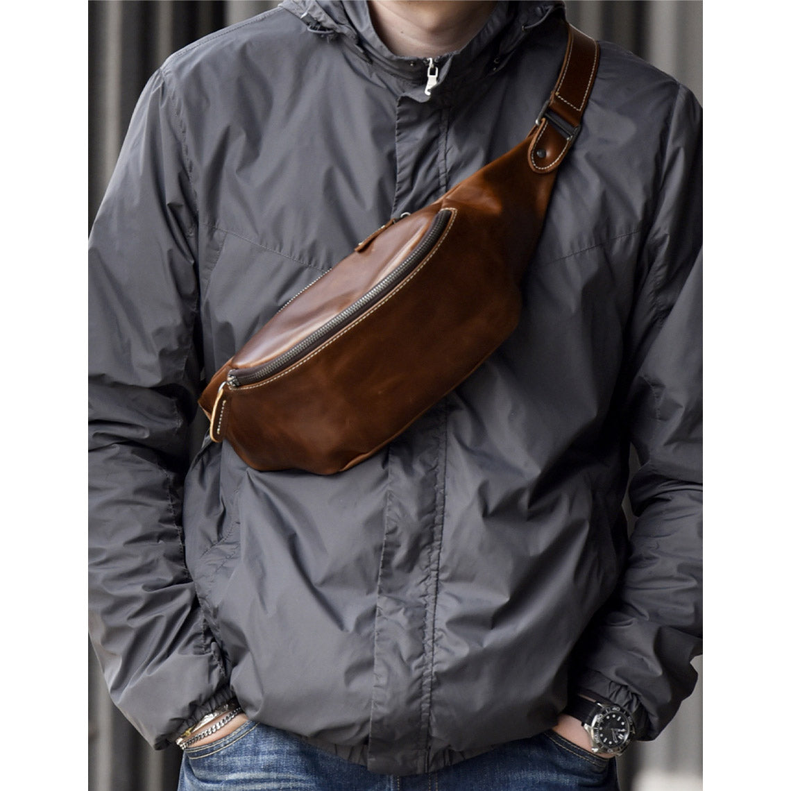 Vegetable Tanned Leather Men Fanny Pack Bag