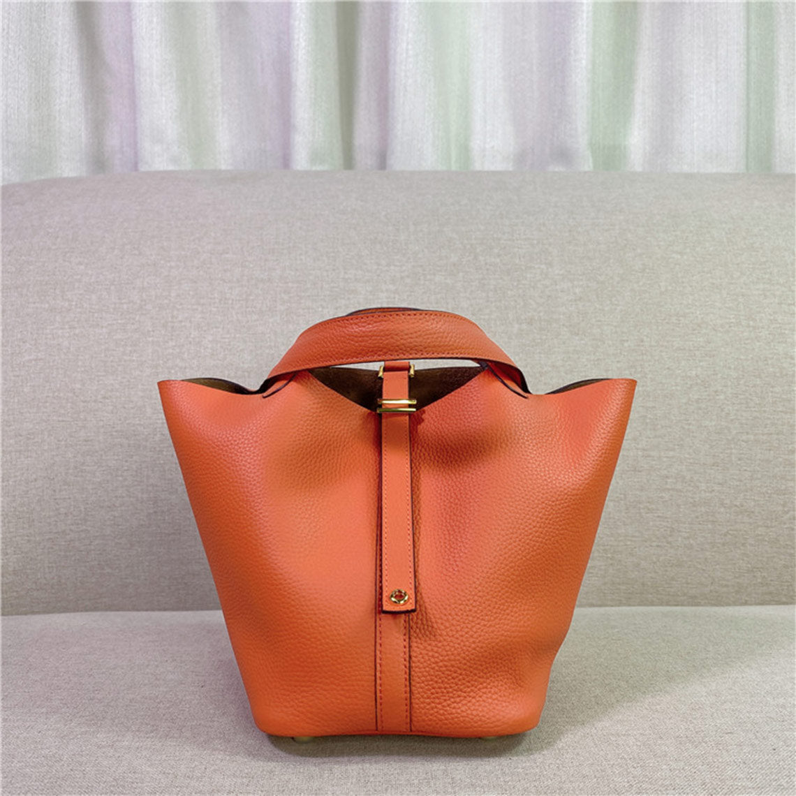 Top Grain Leather Inspired Picotin Lock Bag | Silver/Gold-tone Hardware