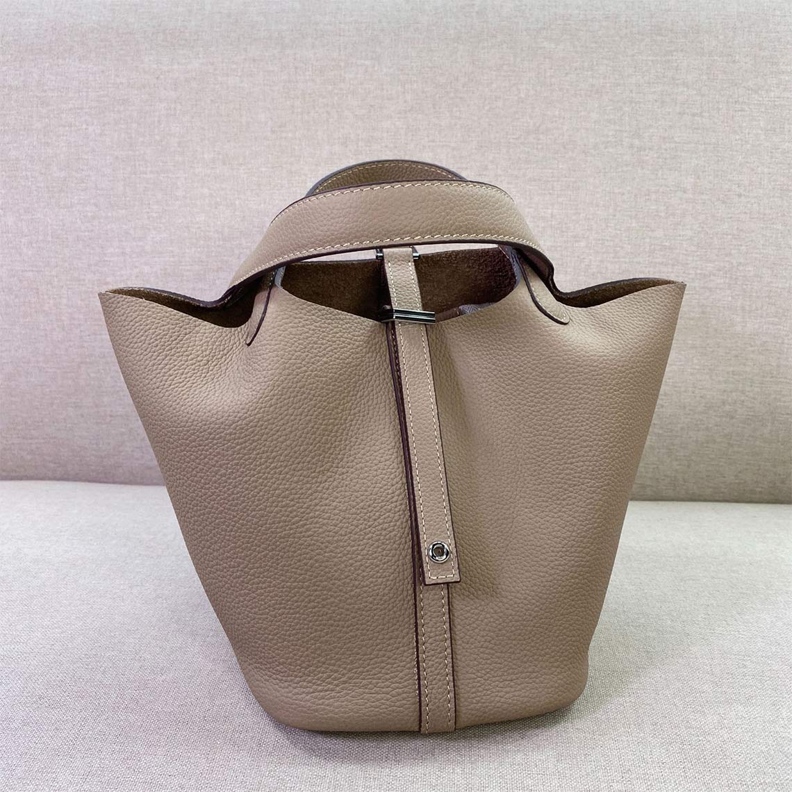 Top Grain Leather Inspired Picotin Lock Bag | Silver/Gold-tone Hardware