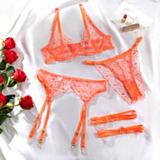 Women’s Lace Lingerie Set | Orange Floral Embroidered Bra & Panty Set with Adjustable Straps