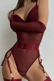 See Through Bodysuit in Burgundy – Long Sleeves with Garter Clips – Chaotic Fashion