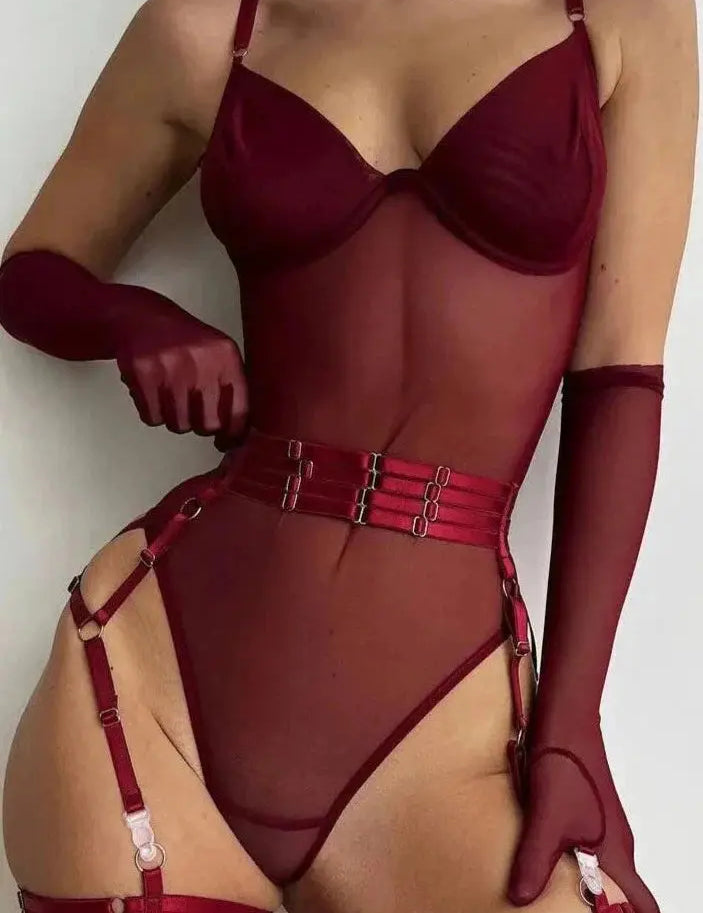 Sheer Long Sleeve Bodysuit for Women – Bold Burgundy Mesh – Chaotic Fashion