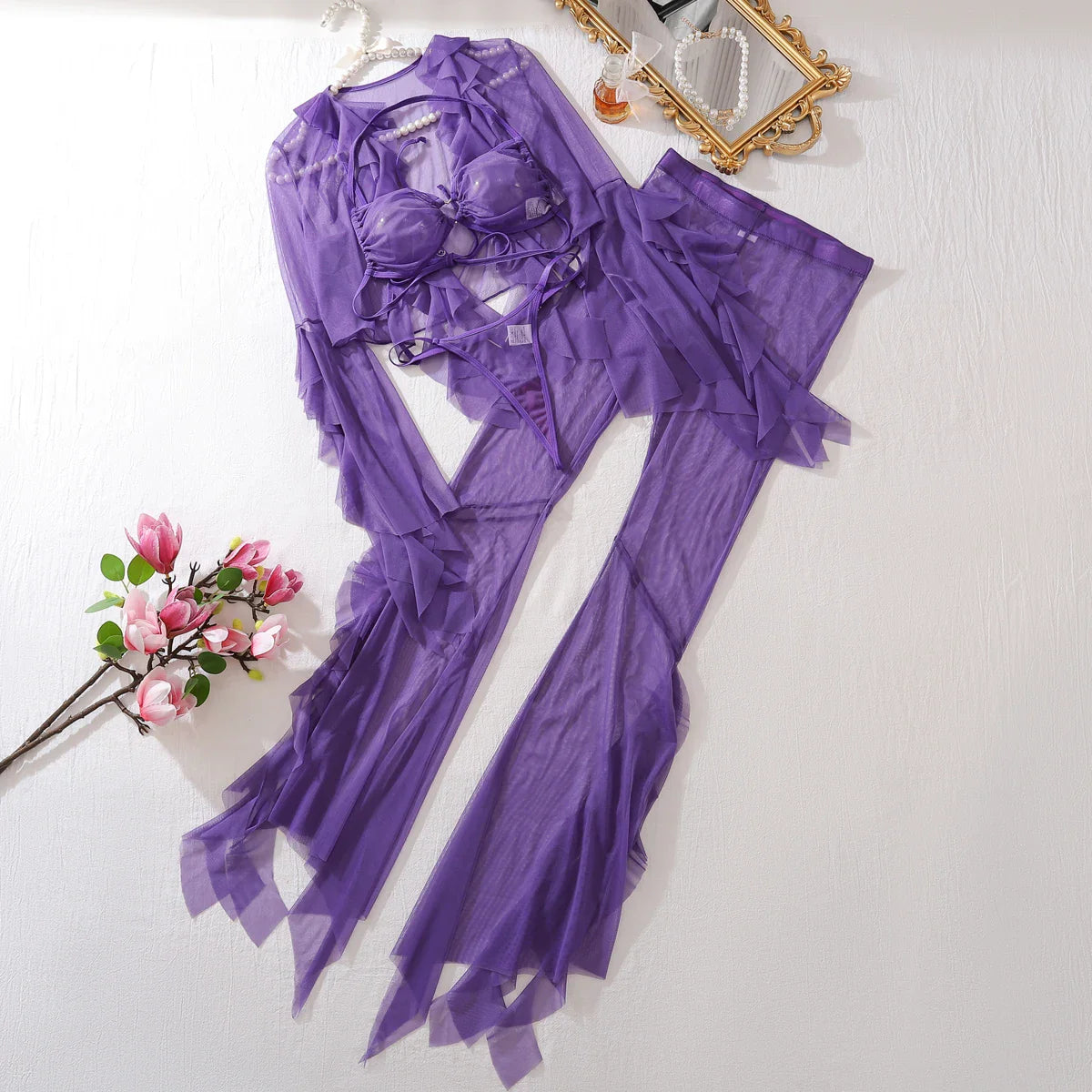 LINGERIE BRA PANTIES MESH BLOUSE and PANTIES 4 PIECE SET