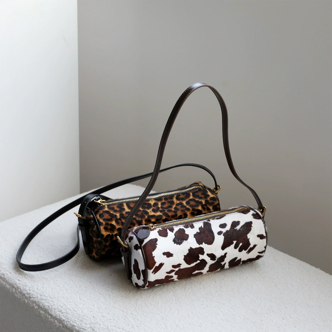 Chic Fur Leather Women Cylinder Bag