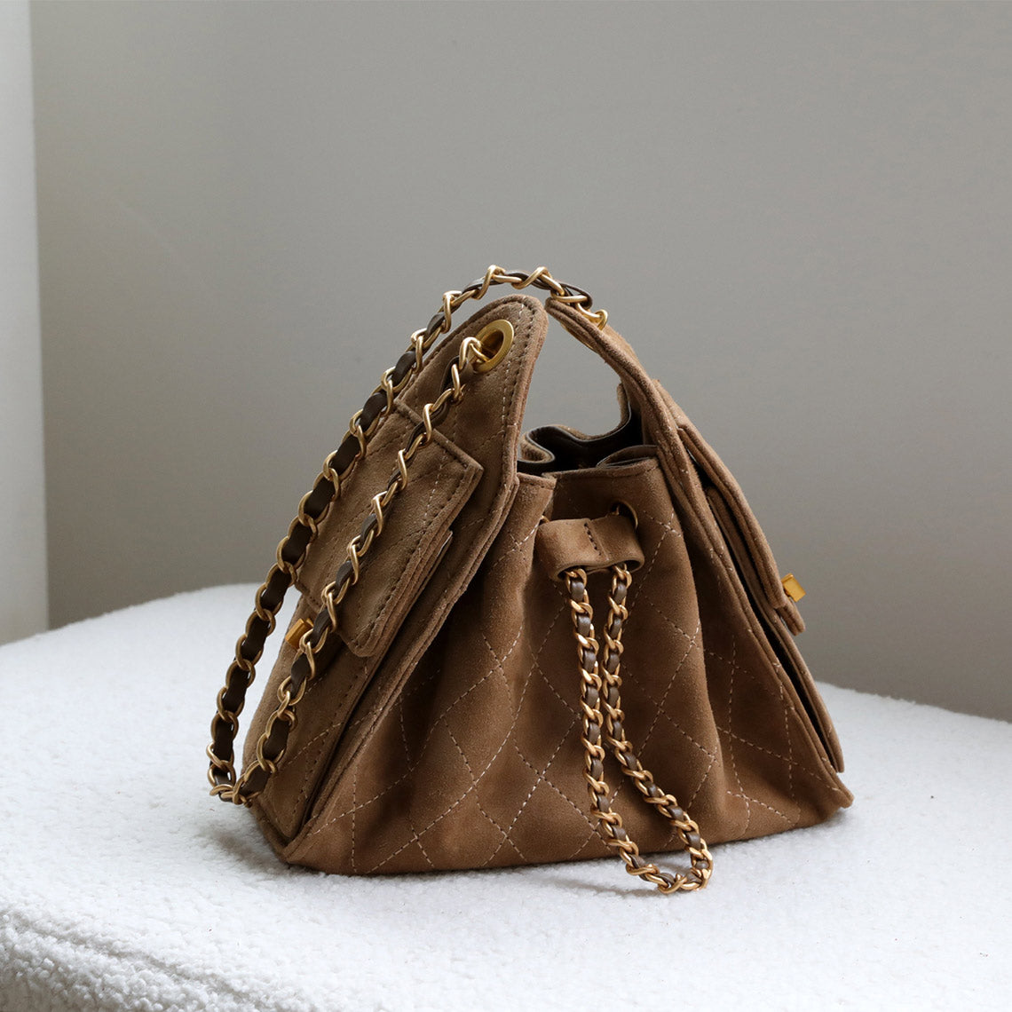 Sheep Suede Leather Quilted Chain Hobo Bag