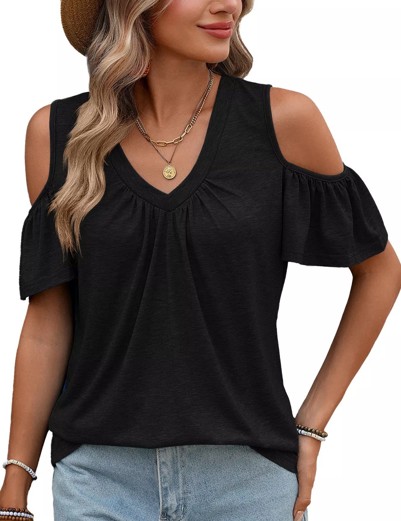 Women's Cold Shoulder Top – Ruched Side Detail – Chaotic Fashion