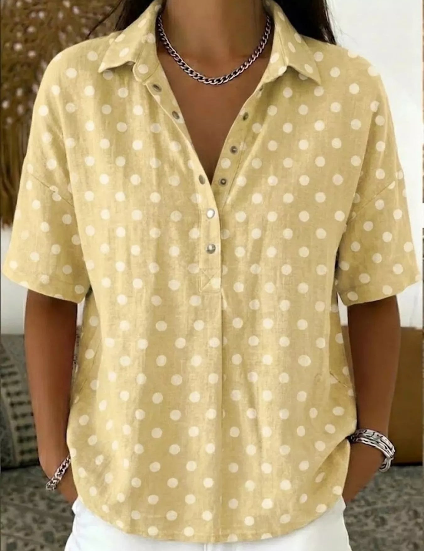 Classic Polka Dot Shirt – Light Gray Buttoned Front – Chaotic Fashion