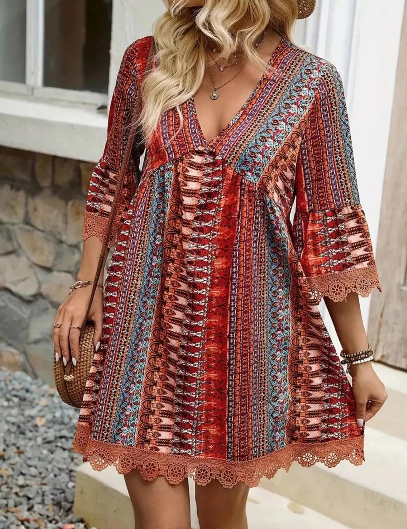 Women's midi dress in printed, v-neck
