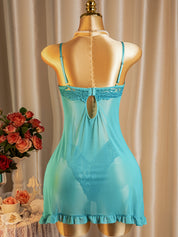 Back view of teal sheer babydoll slip showing keyhole back and adjustable straps - Chaotic Fashion