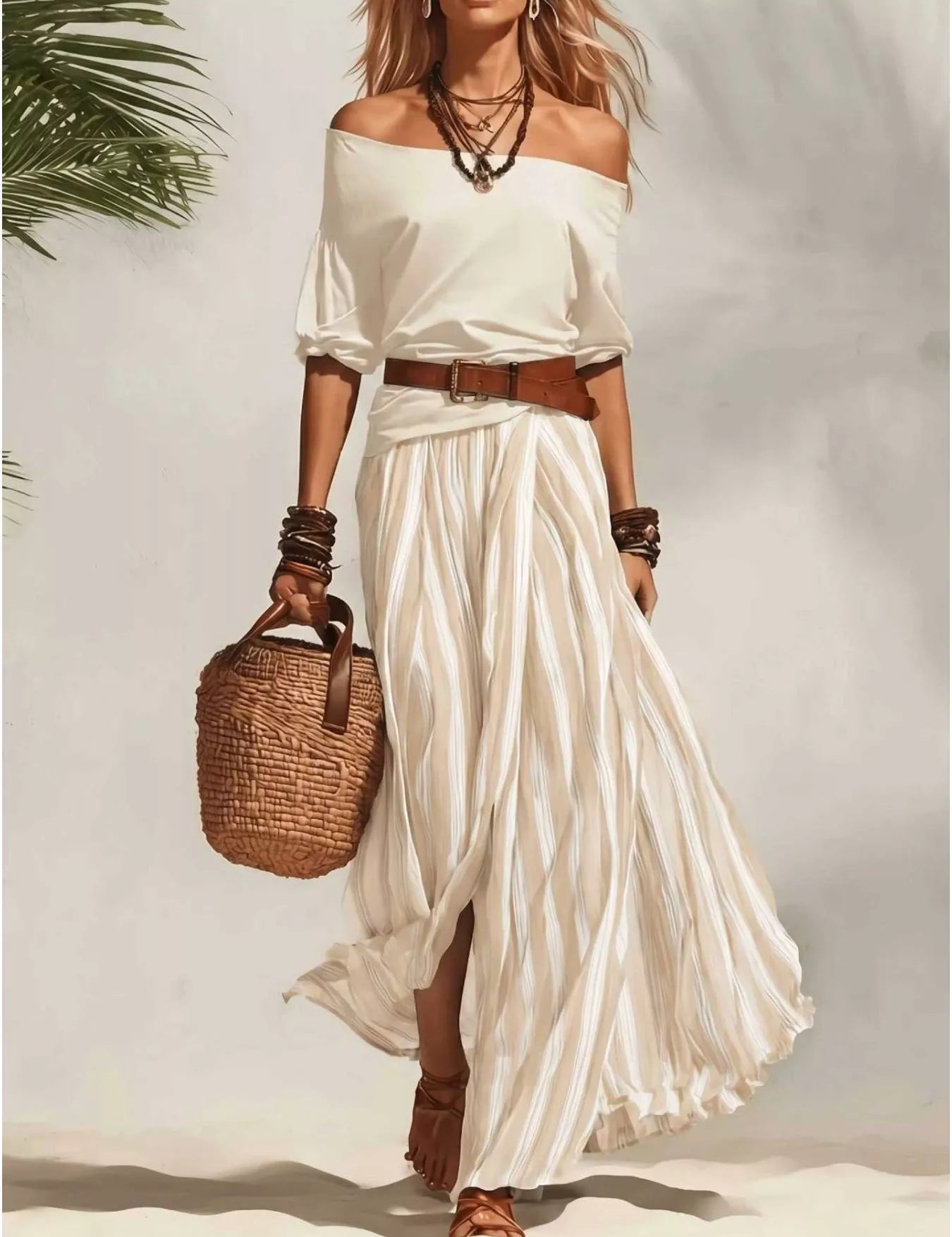 Women's maxi dress in striped, off-shoulder