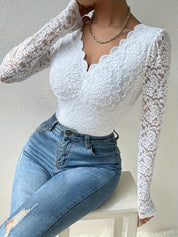 Women’s Lace Deep V-Back Jumpsuit | Off-Shoulder Long Sleeve Sheer One-Piece for All-Season Wear