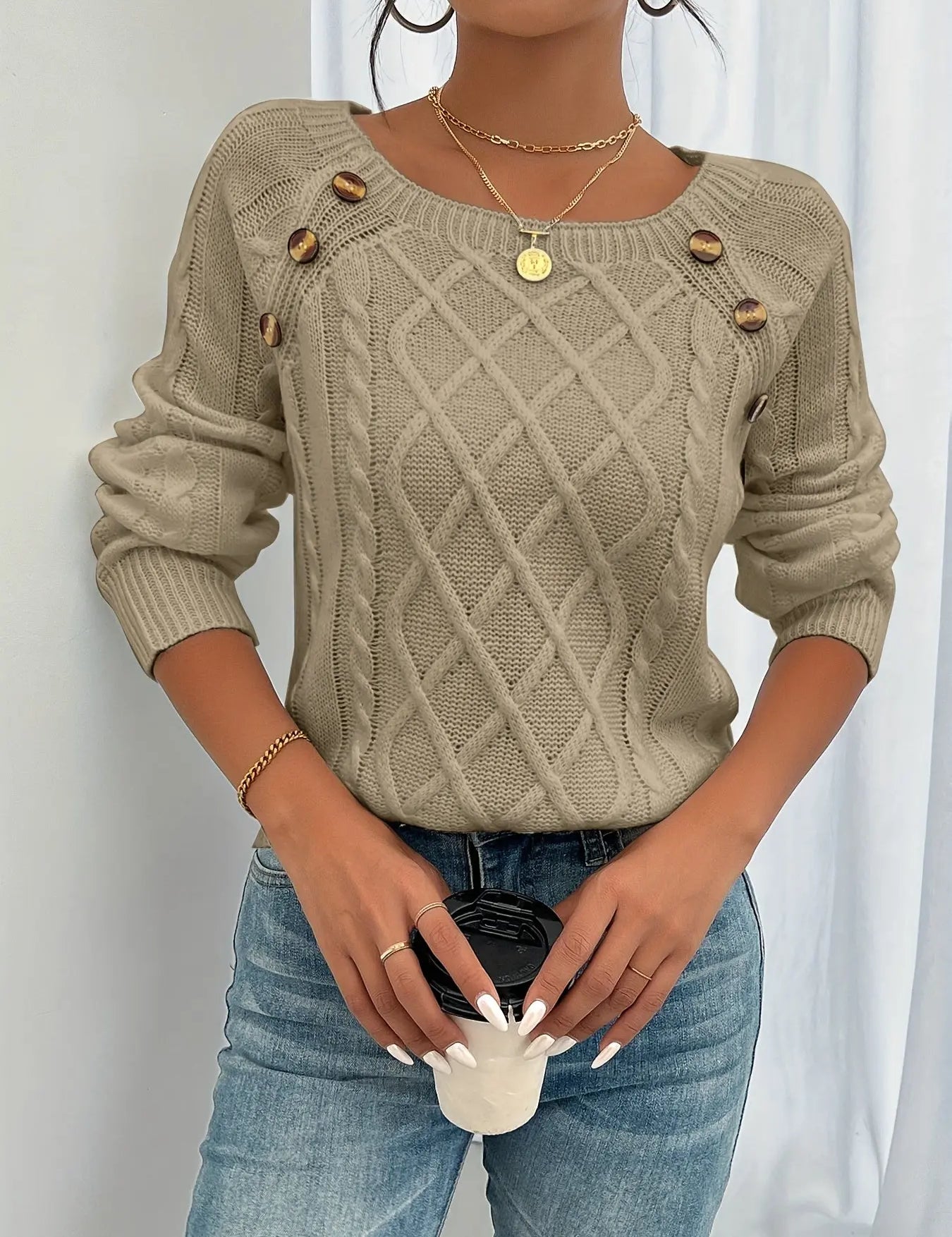 Cozy Red Cable Knit Button-Front Sweater for Women – Square Neck Lantern Sleeve Fall Winter Top Chaotic Fashion