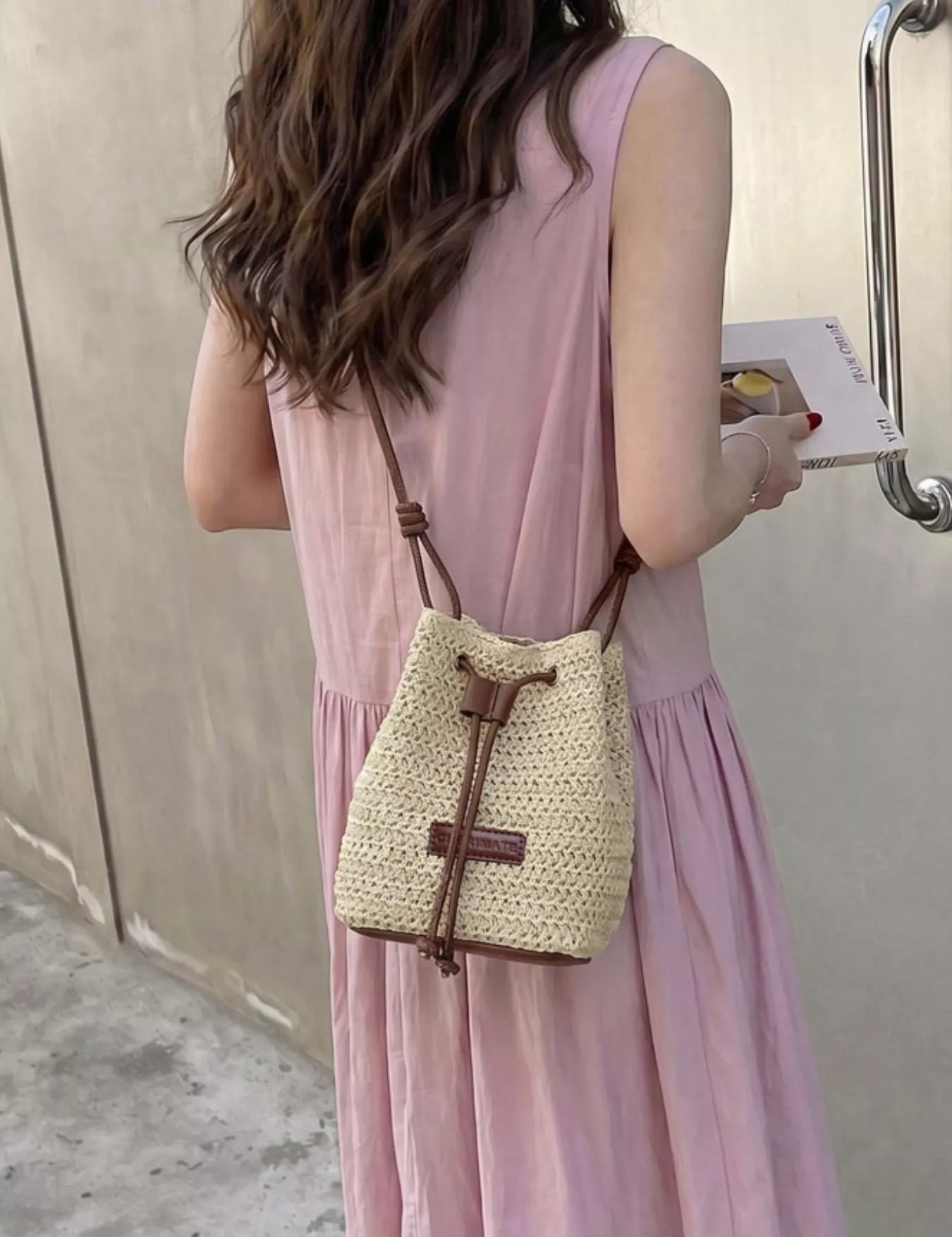 Women's Small bucket bag in woven straw, straw detail, off-white