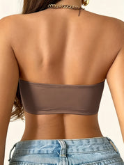 Strapless push up bra in dark brown, back view showing the smooth strapless band