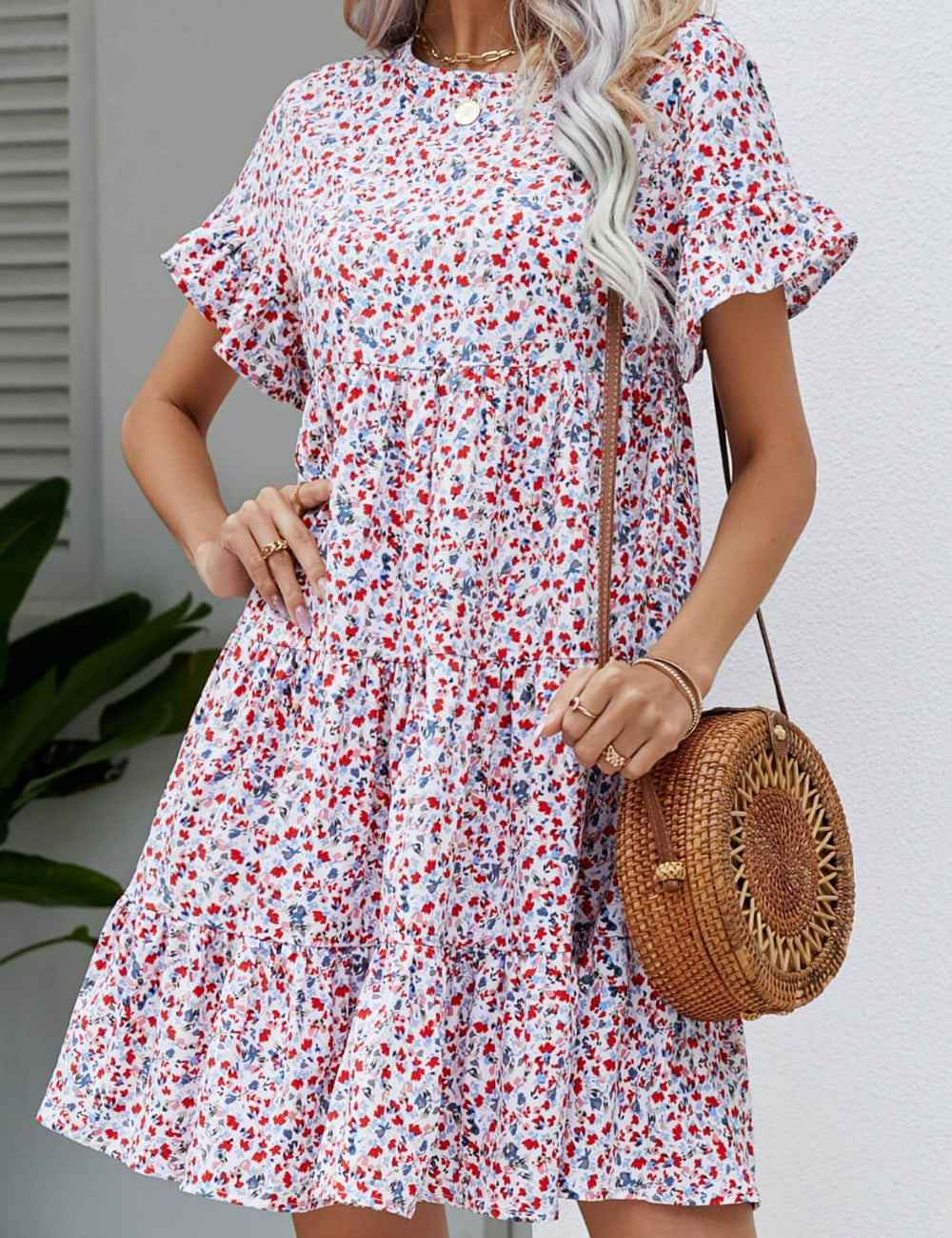 Women's midi dress in floral, flounce sleeve